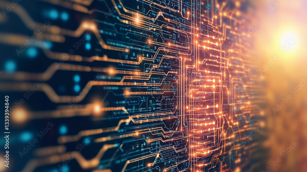 Poster close-up of a blue and orange glowing circuit board, symbolizing advanced technology and data proces