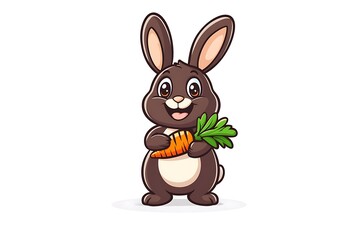 Obraz premium Happy brown bunny holding carrot, white background, children's illustration, mascot design