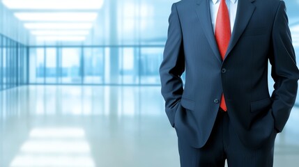 Businessman in a suit stands in modern hallway, professionalism and success man