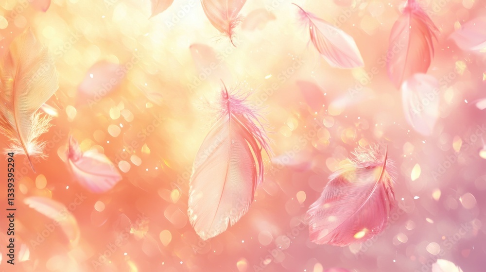 Poster delicate pink feathers float gently through an ethereal golden background, creating a peaceful atmos