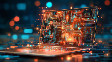 A digital concept of a laptop with a transparent, glowing circuit board display emphasizing advanced technology and futuristic connectivity.