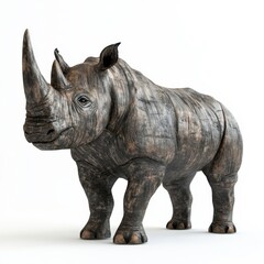 Obraz premium A matte charcoal rhino, with rugged textures and a powerful stance, standing firmly on a white background.