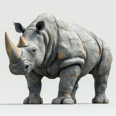 Fototapeta premium A matte charcoal rhino, with rugged textures and a powerful stance, standing firmly on a white background.