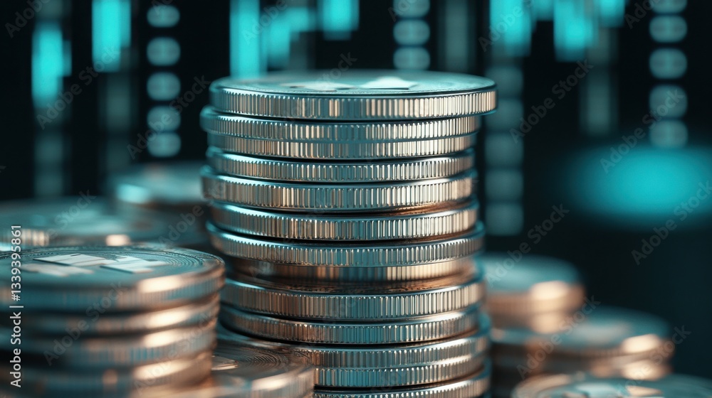 Aufkleber Stack of Coins Arranged in Descending Order on a Dark Background