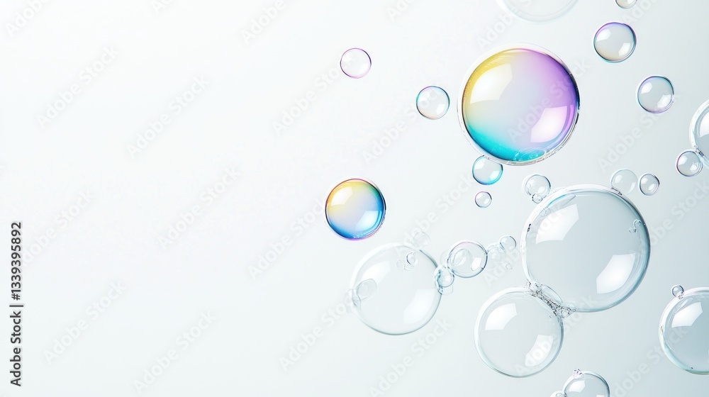 Poster abstract soap bubbles floating on a white background, iridescent colors and different sizes, a seren