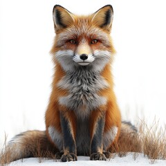 Fototapeta premium A warm terracotta fox, with detailed fur textures and a bushy tail, sitting alertly on a white background.