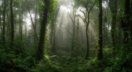 Obraz premium Sun Rays Shining Through Dense Green Forest with Abundant Foliage