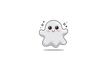 A cute, white ghost-like figure with big, round black eyes and rosy cheeks. It appears to be floating or hovering, with small black stars surrounding it. 
