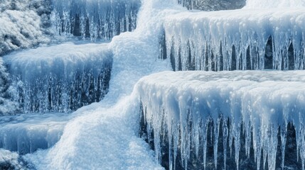 Obraz premium Frozen waterfalls display stunning layers of ice and icicles in a serene winter landscape