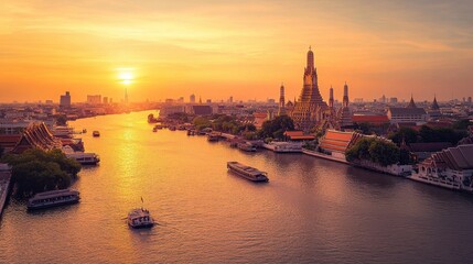 Fototapeta premium A city with a river running through it and a sunset in the background