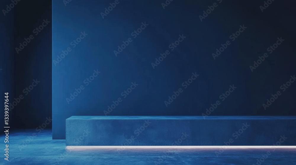 Poster a spacious interior features a deep blue wall and a long concrete bench softly lit at the edge. the 