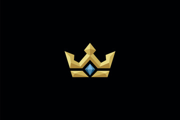 A stylized crown, predominantly in gold with a central blue gemstone. The crown is set against a black background, emphasizing its three-pointed design and the gemstone's central position.