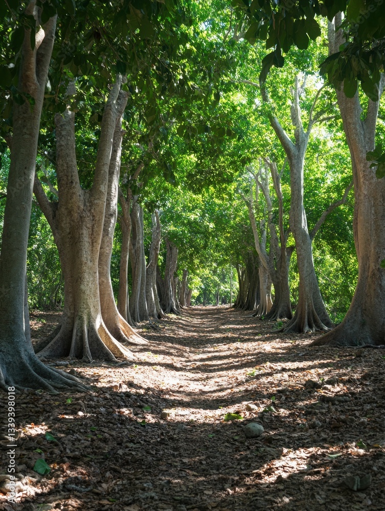 Poster serene forest path with sunlit trees and fallen leaves creating a peaceful and inviting natural scen