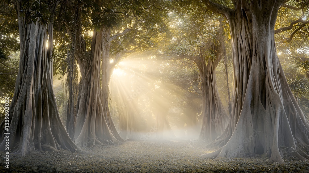Poster sunlight shining through trees in a dense misty forest creating a serene and tranquil natural landsc