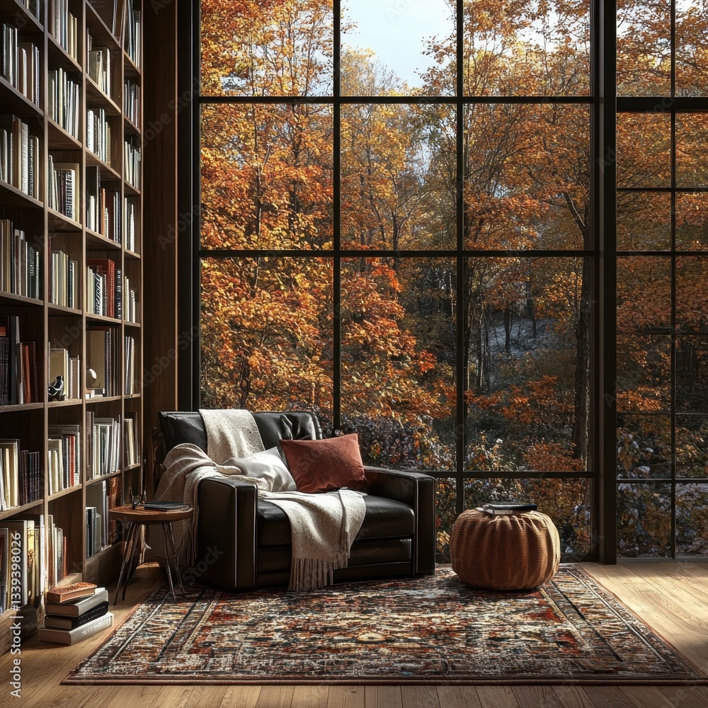 Poster cozy autumnal retreat with bookshelf and window view of fall foliage in a serene interior setting fo