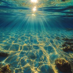 Fototapeta premium Sunlit underwater scene with golden sand ripples and turquoise water creating a serene aquatic ambiance