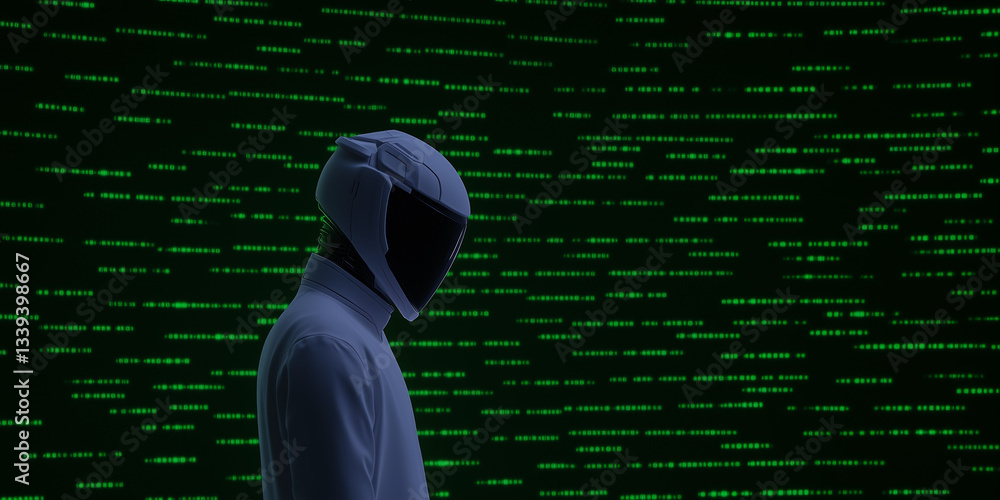 Poster digital enigma: a solitary figure in a futuristic white suit and helmet stands before a wall of gree