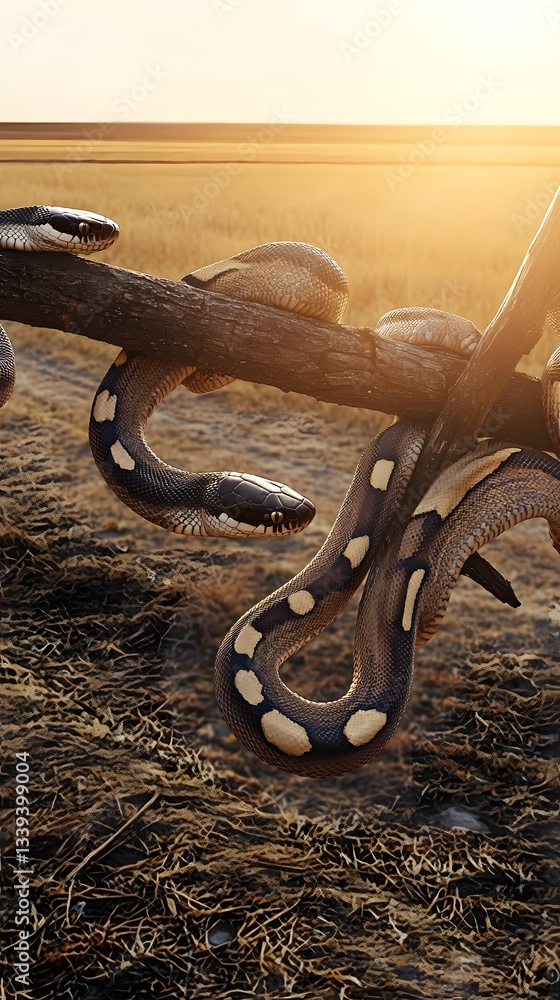 Poster intricate details of a colorful snake skin pattern resting gracefully on a branch in a natural setti