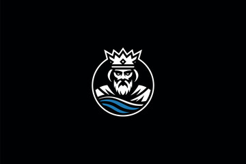 Bold vector logo of a crowned sea king with a beard, framed by a circle with blue waves, on a black background. Ideal for nautical branding or mythology-themed designs.