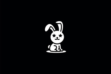 Simple white vector of a cute bunny with star eyes, sitting on a black background. Ideal for playful logos, children’s designs, or whimsical branding.