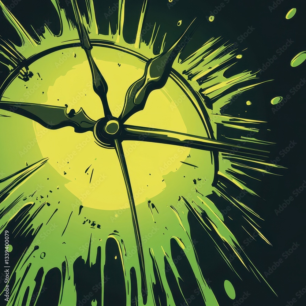 Poster a vibrant green analog clock showcasing a dynamic splattered design