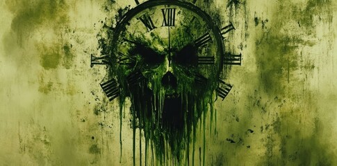 Fototapeta premium A decaying clock face shows a skull within its circle