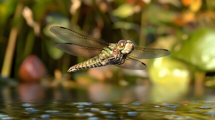 Naklejka premium Majestic dragon flying gracefully over a calm body of water surrounded by lush greenery and a serene landscape view
