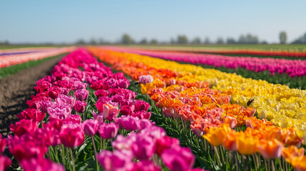 Obraz premium A tranquil field of multicolored blossoms stretching to the horizon, with bees and butterflies enjoying the warm sunshine