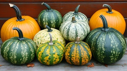 Colorful pumpkins and gourds arranged on wooden surface.