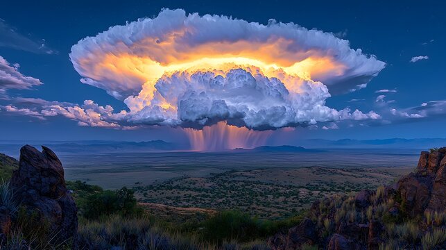 Large, imposing cloud formations displaying a dramatic thunderstorm scene with rolling clouds in the sky above