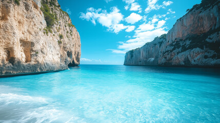 Fototapeta premium A breathtaking view of a crystal-clear ocean, where powerful waves crash against towering, rugged cliffs under a bright blue sky
