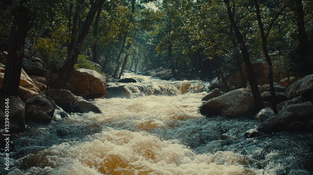 Poster rushing river flowing through a forest landscape with trees and rocks creating a serene and natural 