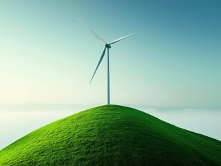 Fototapeta premium Isolated wind turbine on a foggy hill, peaceful renewable energy scene