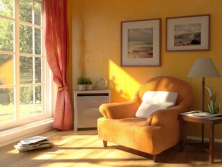 A cozy room bathed in warm sunlight with inviting furniture