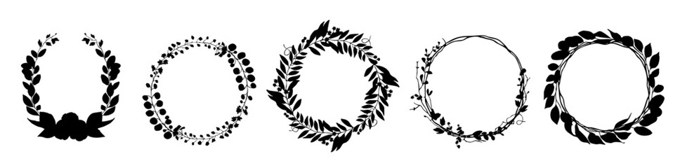 Vector floral wreath set, flower and leaf branch, botanical design, Vector black circle twig wreath silhouette, for a logo, wedding invitation