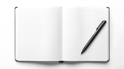 Open notebook with pen on white background