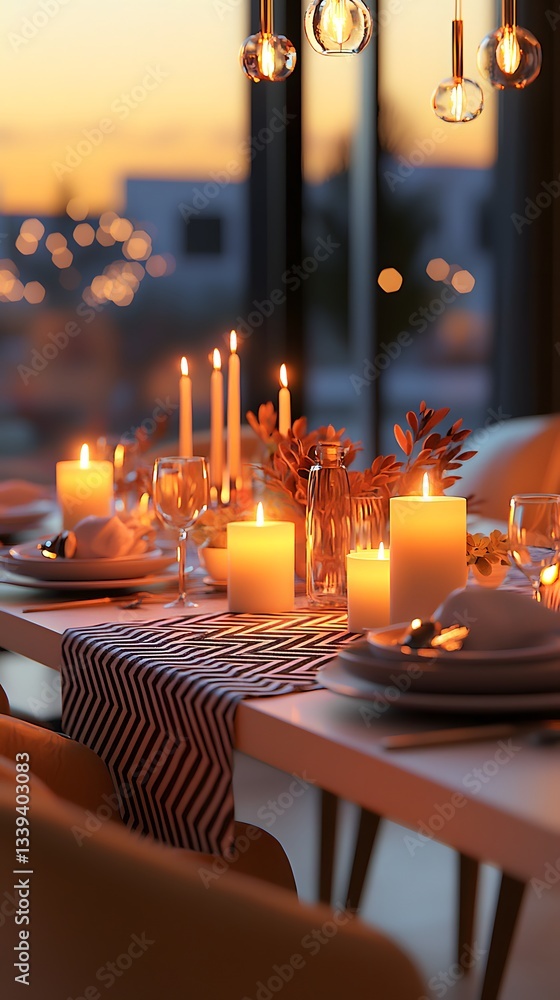Poster stylish table setting featuring candles and plates on -patterned tablecloth for elegant dining exper