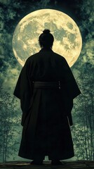 Naklejka premium A Person Wearing Black Kimono Looking At A Full Moon