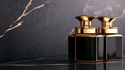 Elegant perfume bottles emitting wisps of fragrance against a luxurious marble backdrop