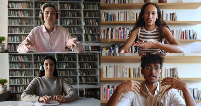 Split-screen collage four multiethnic students engaged in online class in library, talking, sit at desk, take part in remote virtual video call, learn, gain new knowledge. Group study, webinar, apps