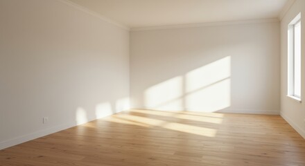 Sunlight Streaming Into Empty Room with Wooden Floor and White Walls