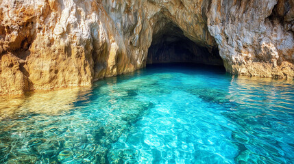 A peaceful yet dynamic scene of clear blue waters churning against the base of ancient, craggy cliffs, bathed in golden sunlight