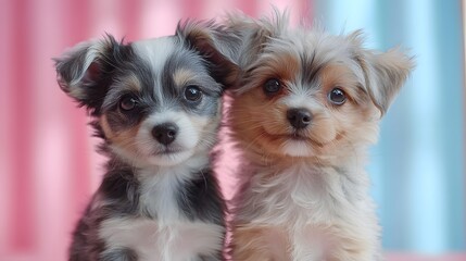 Two small dogs sitting together in a cozy environment, radiating cuteness and playfulness in a pastel color theme