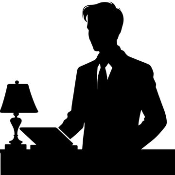 recommend clip art: Silhouetted man working at desk with lamp.