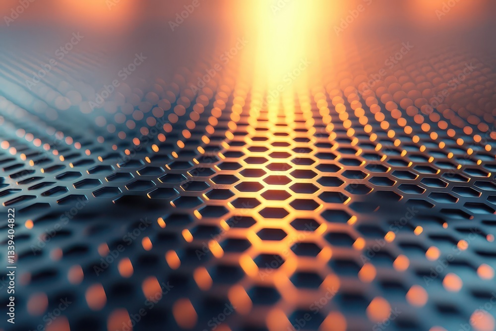 Poster Geometric honeycomb metal mesh with soft gradient lighting casting dynamic depth and texture
