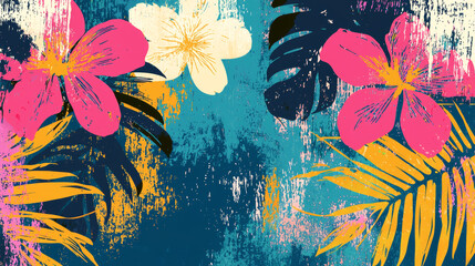 Vibrant hawaiian abstract art background with tropical flowers and leaves. concept of summer paradise, exotic nature, radiant colors
