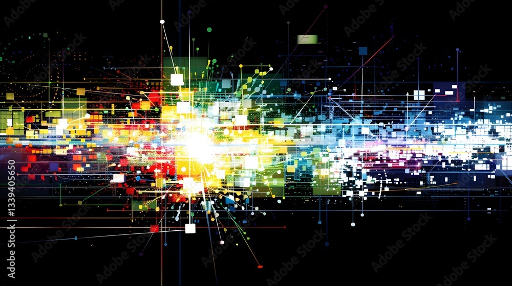 Poster abstract digital network. data flow visualization. bright, colorful design on black background.