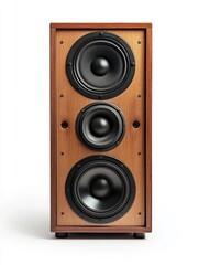 Fototapeta premium Classic wooden loudspeaker showcasing three drivers against a clean white background studio shot audio equipment sound system vintage design