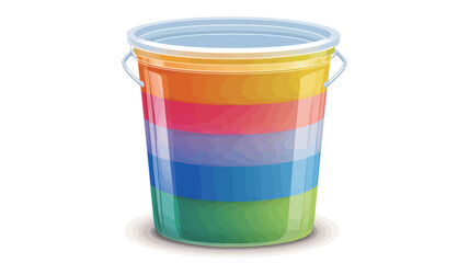 A digital illustration depicts a transparent plastic bucket filled with multiple layers of paint. Each layer is a distinct color of the rainbow, creating a layered effect with visible horizontal