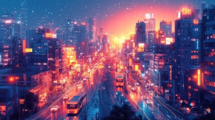 Fototapeta premium Busy city street at night with traffic, lights, and cityscape background